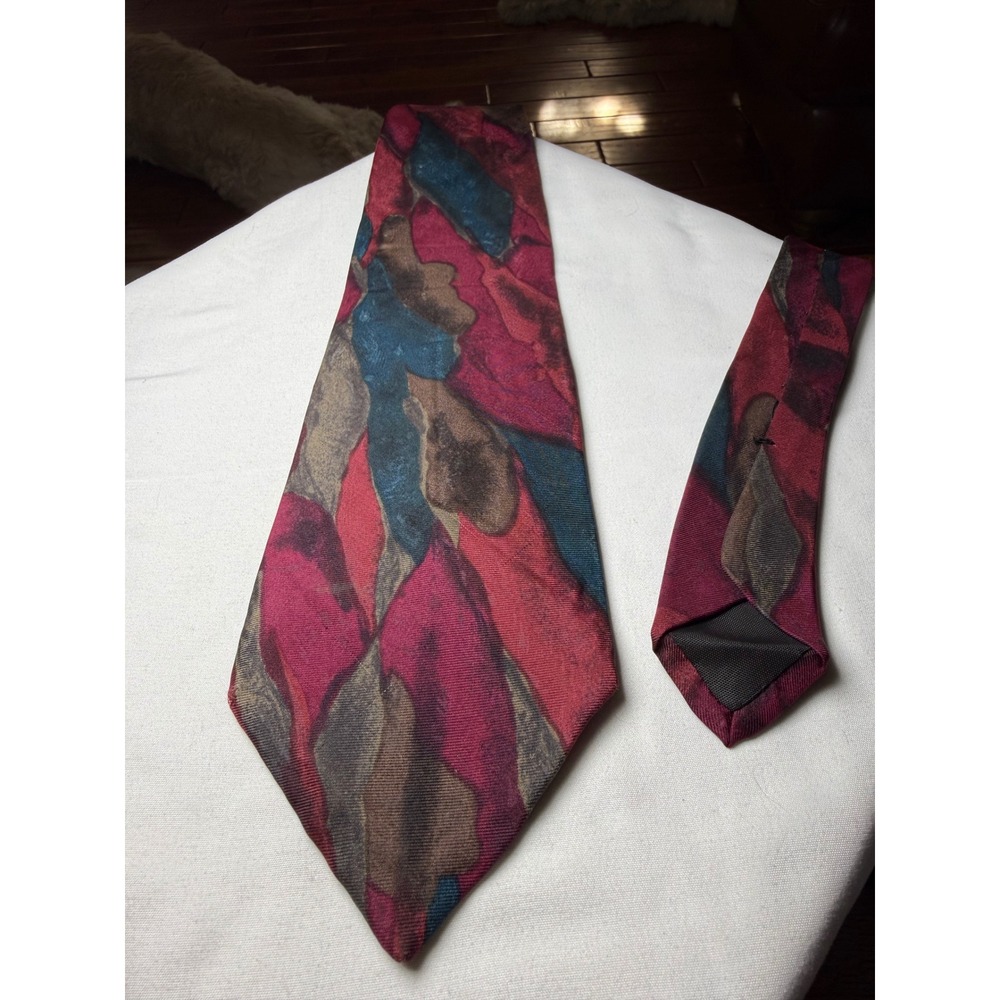 Croft &‎ Barrow Mens Abstract Print Silk Blend Necktie Burgundy Teal Brown